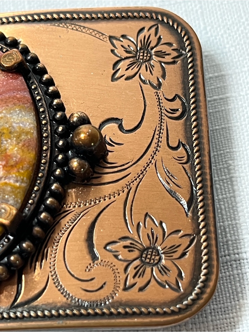 Vintage Copper-Tone Floral Belt Buckle with Marbled Stone - Picture 8 of 8